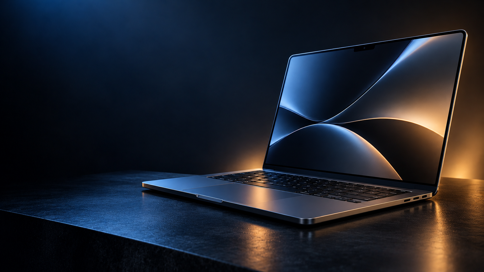 Otwarty MacBook w ciemnym, kinowym świetle